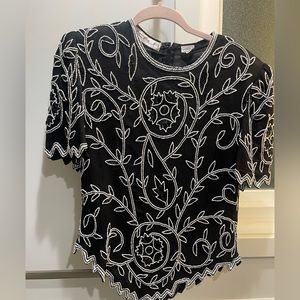 Vintage Sequin Scala Black and White Silk Top